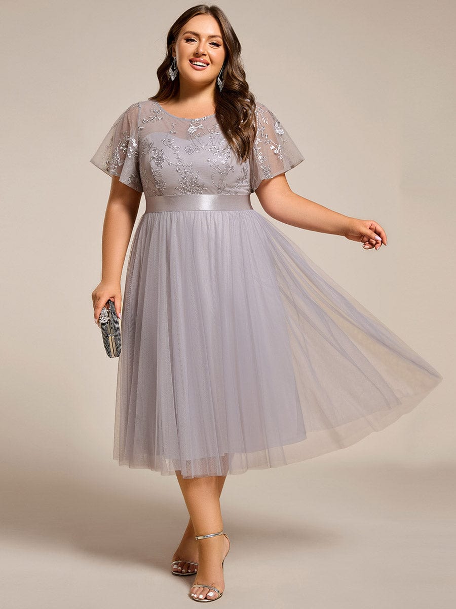 Embellished Tulle Midi Bridesmaid Dress with Sheer Sleeves #color_Grey