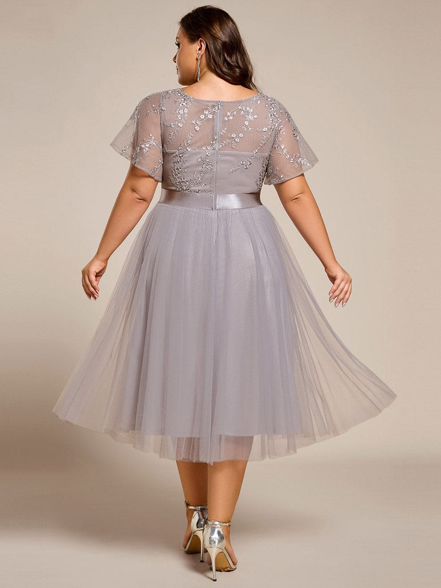 Embellished Tulle Midi Bridesmaid Dress with Sheer Sleeves #color_Grey