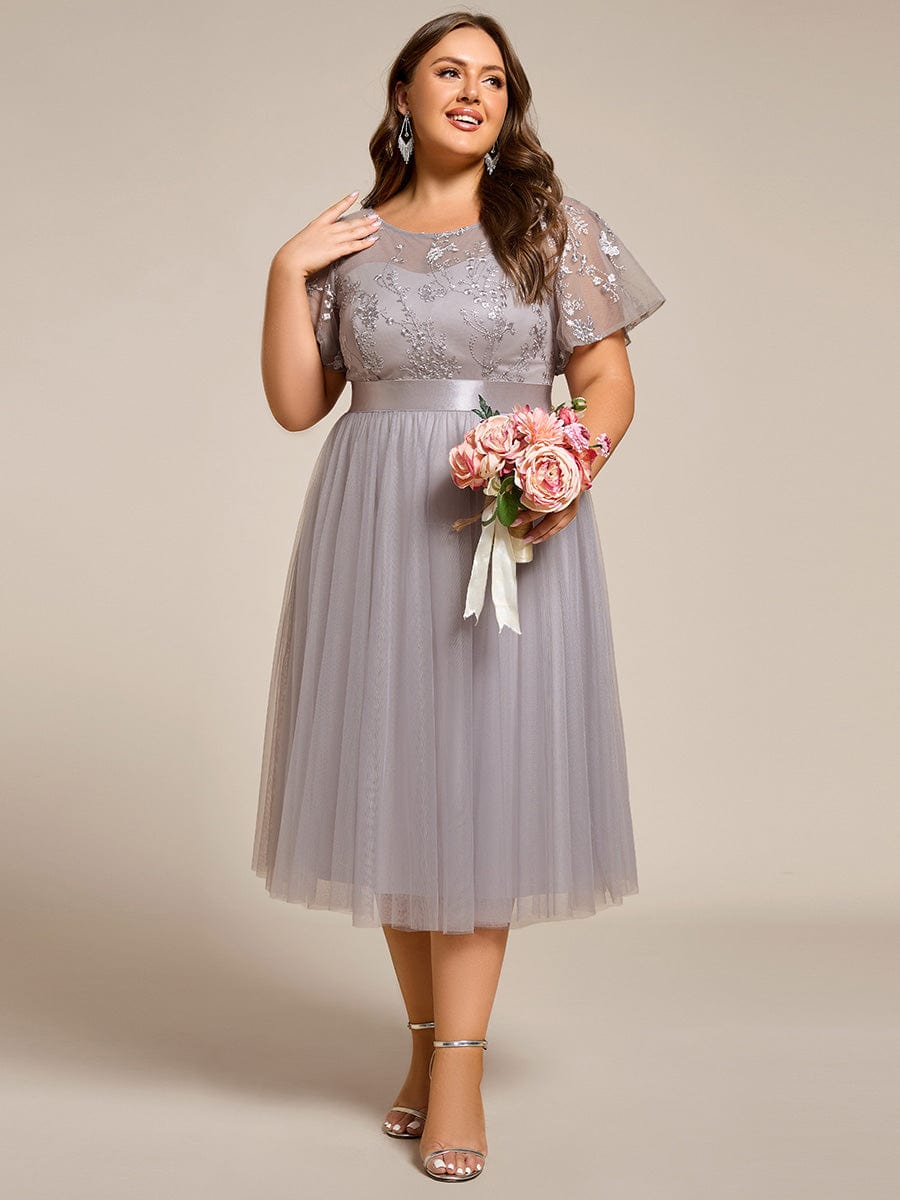 Embellished Tulle Midi Bridesmaid Dress with Sheer Sleeves #color_Grey