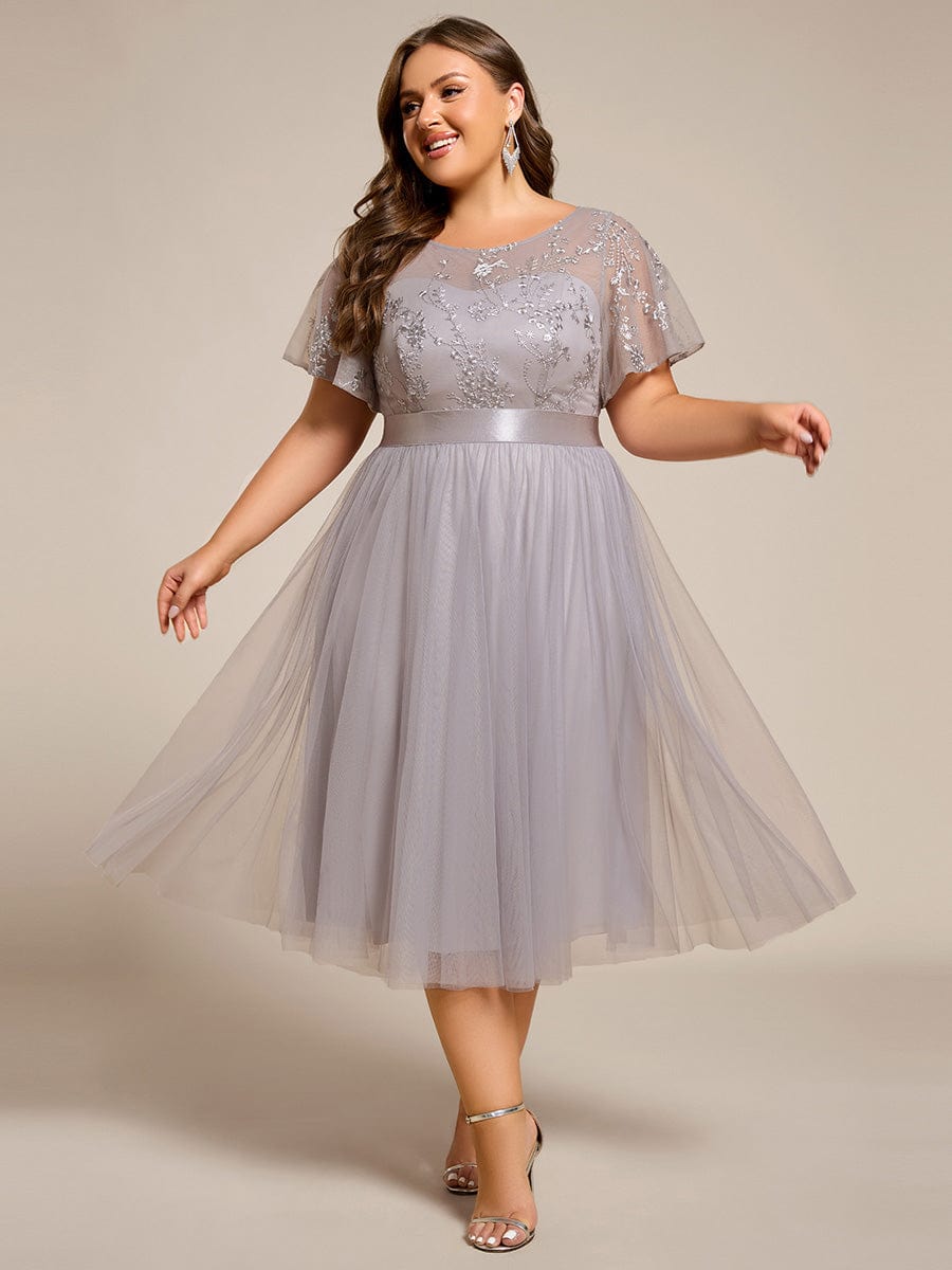 Embellished Tulle Midi Bridesmaid Dress with Sheer Sleeves #color_Grey