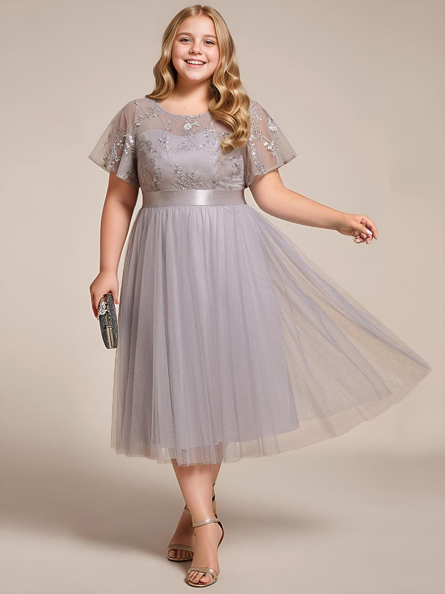 Plus Size Round Neckline Embellished Tulle Midi Bridesmaid Dress #color_Grey