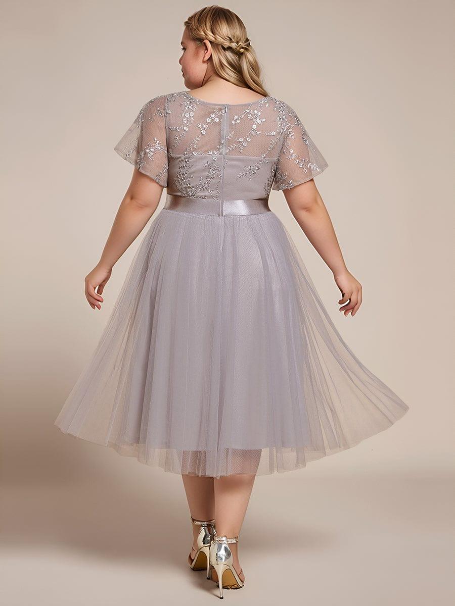 Embellished Tulle Midi Bridesmaid Dress with Sheer Sleeves #color_Grey