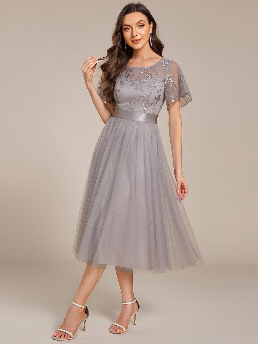 Embellished Tulle Midi Bridesmaid Dress with Sheer Sleeves #color_Grey