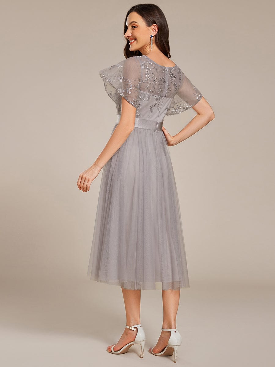 Embellished Tulle Midi Bridesmaid Dress with Sheer Sleeves #color_Grey