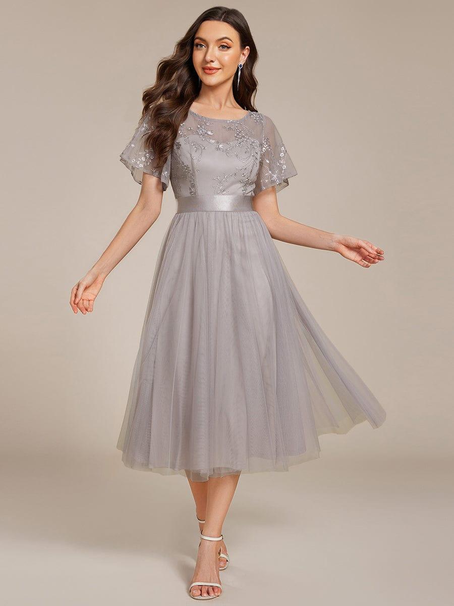 Embellished Tulle Midi Bridesmaid Dress with Sheer Sleeves #color_Grey