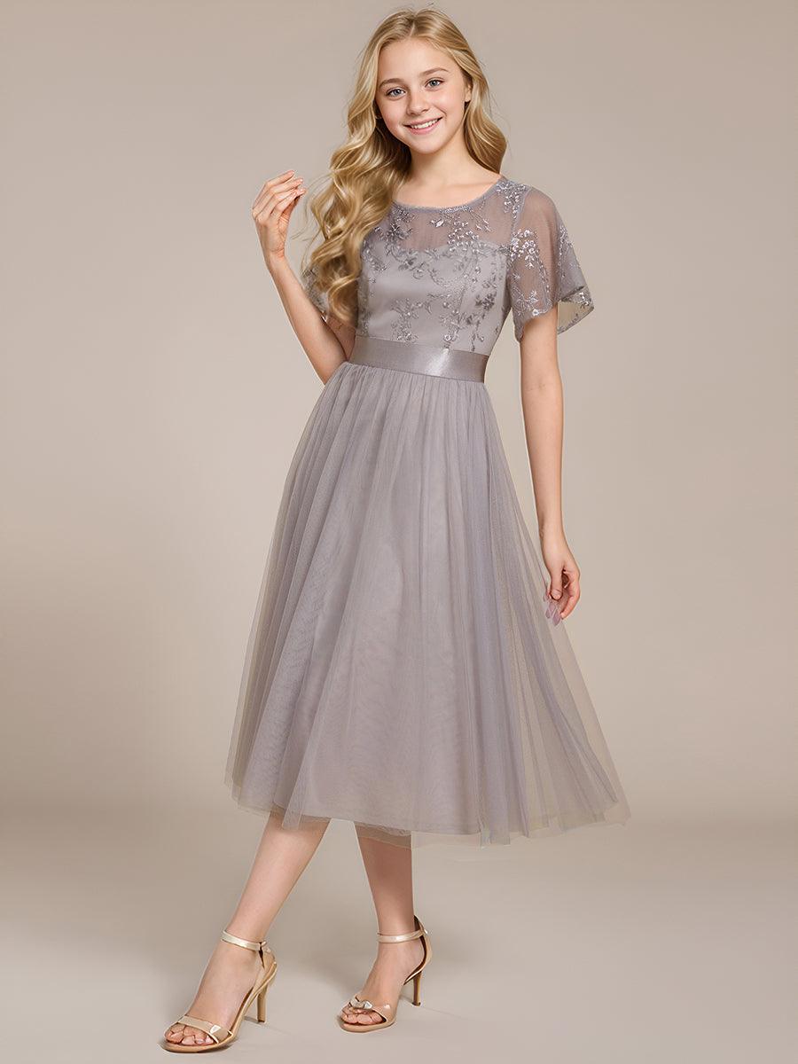 Embellished Tulle Midi Bridesmaid Dress with Sheer Sleeves #color_Grey