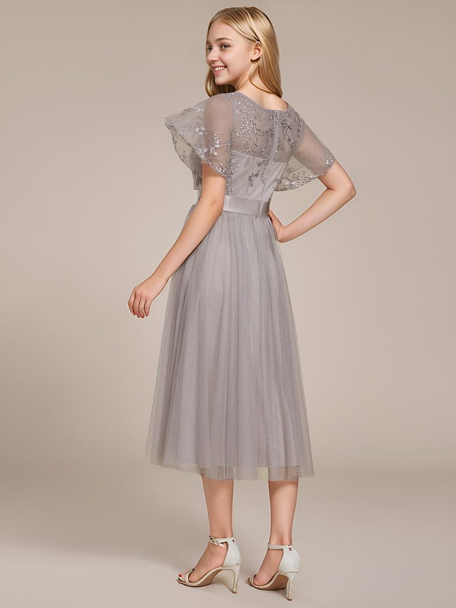 Embellished Tulle Midi Bridesmaid Dress with Sheer Sleeves #color_Grey