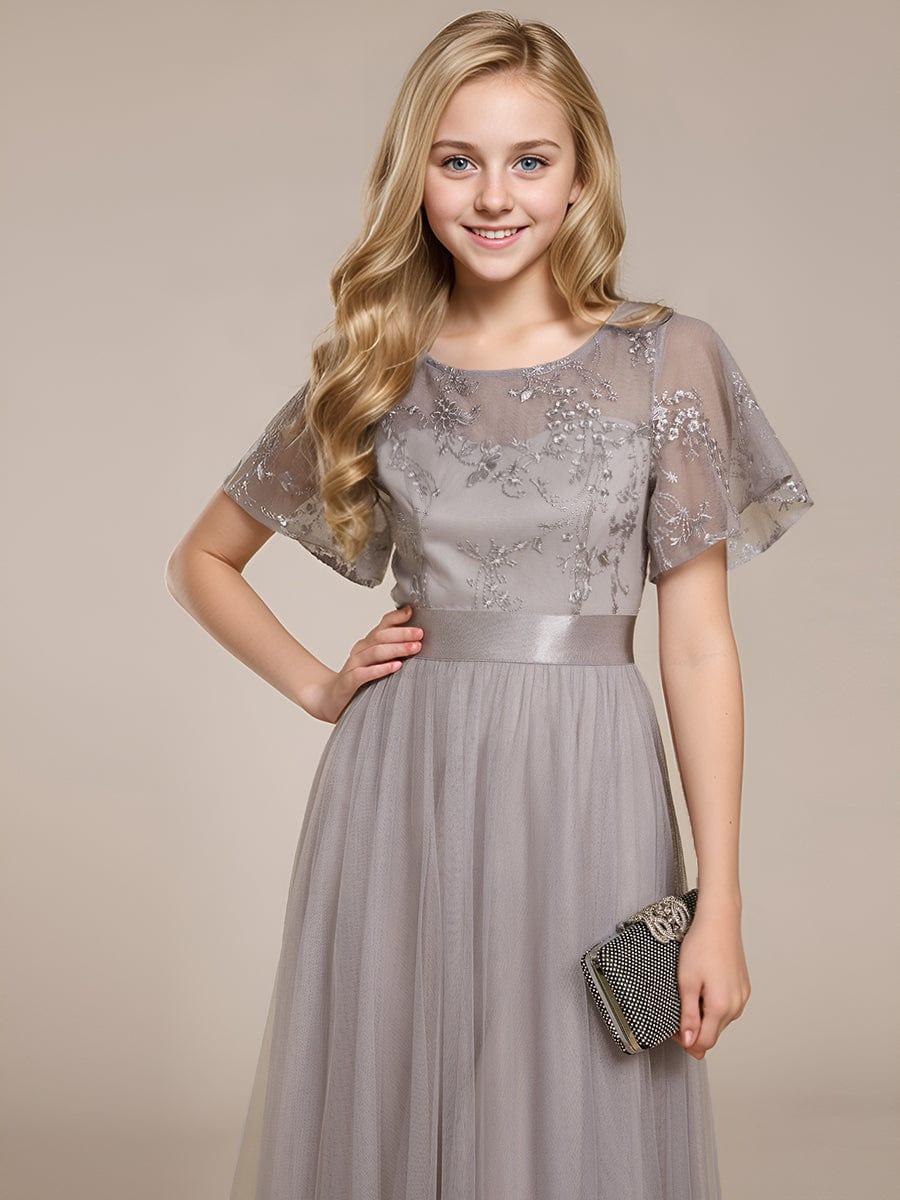 Embellished Tulle Midi Bridesmaid Dress with Sheer Sleeves #color_Grey