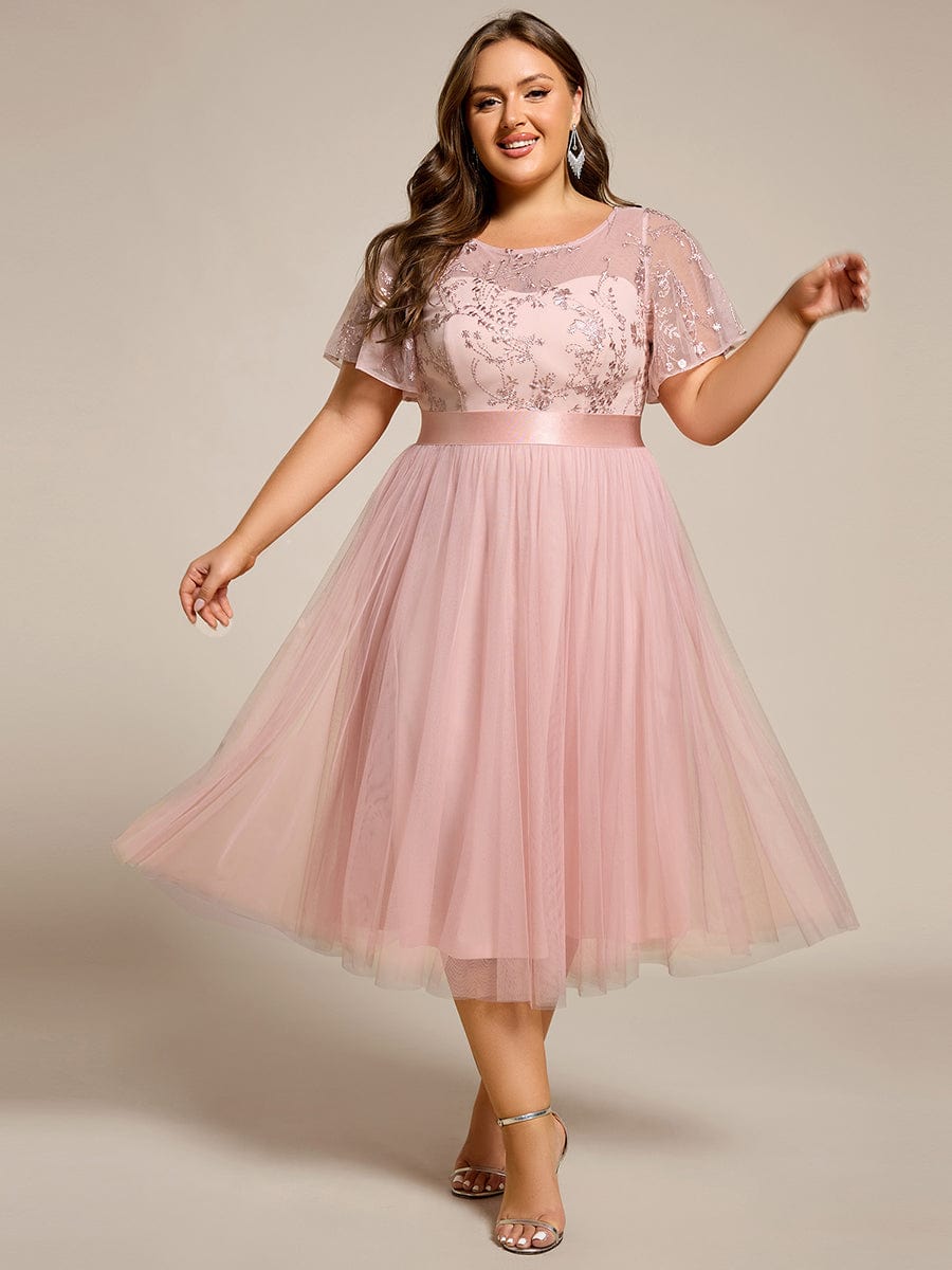 Embellished Tulle Midi Bridesmaid Dress with Sheer Sleeves #color_Pink