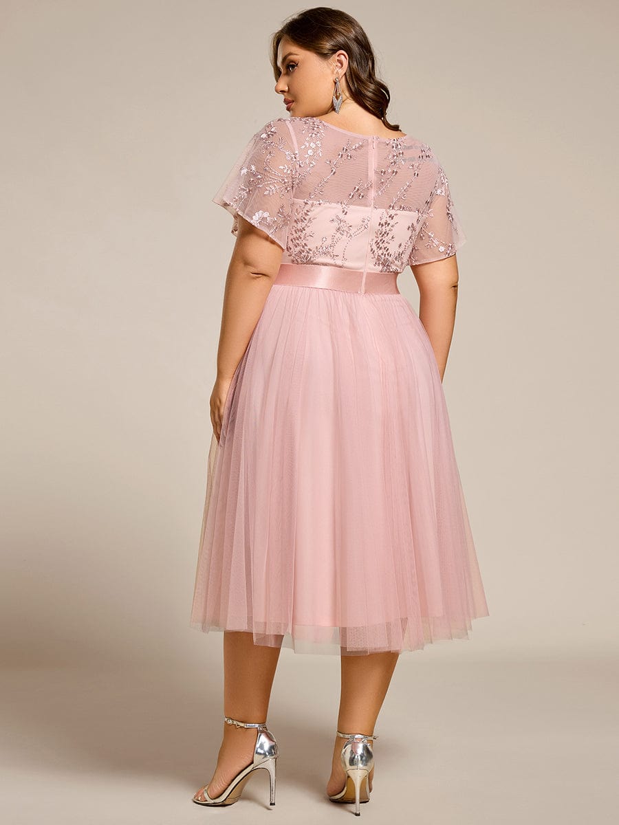 Plus Size Round Neckline Embellished Tulle Midi Bridesmaid Dress #color_Pink