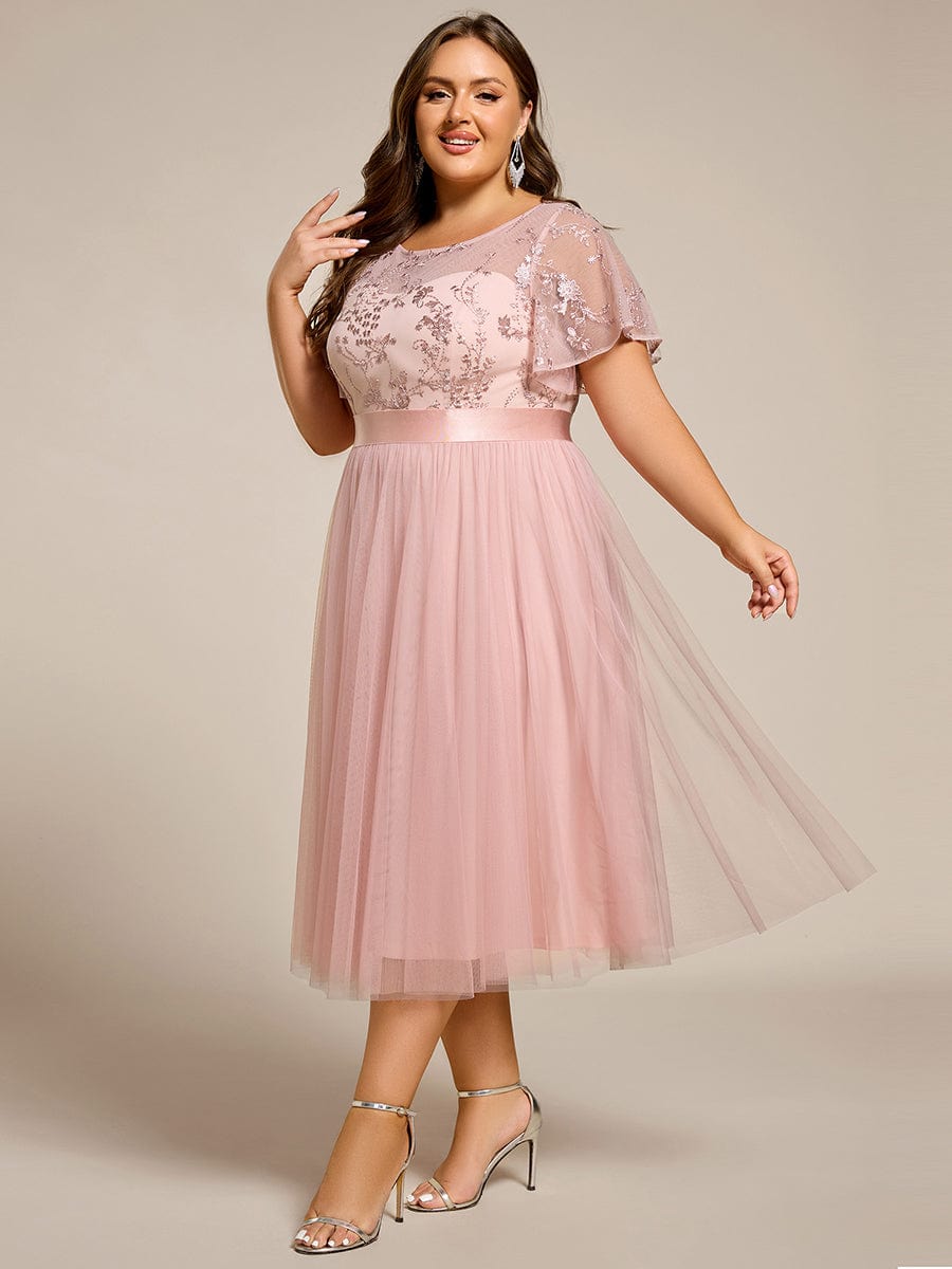 Plus Size Round Neckline Embellished Tulle Midi Bridesmaid Dress #color_Pink