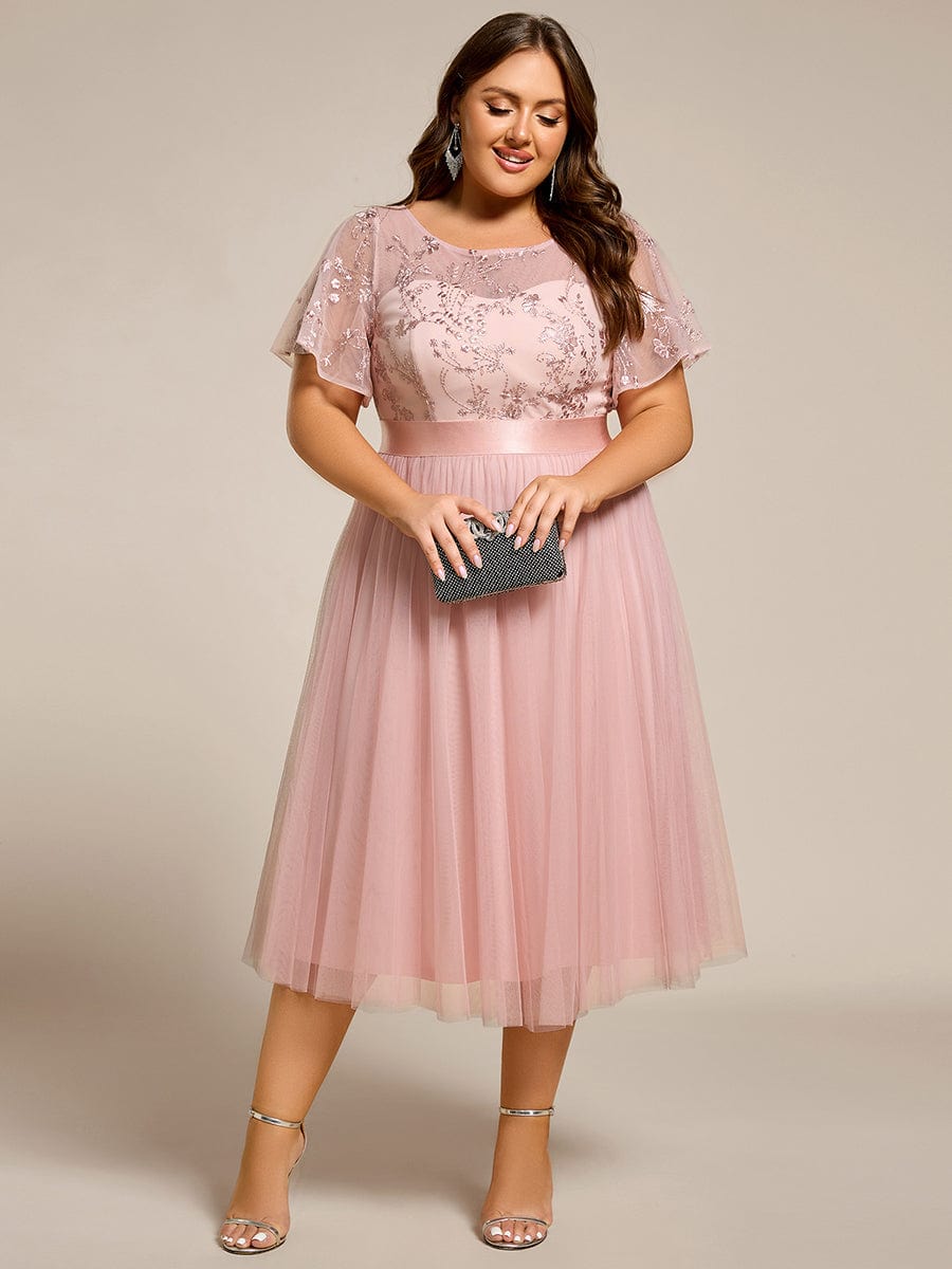 Plus Size Round Neckline Embellished Tulle Midi Bridesmaid Dress #color_Pink