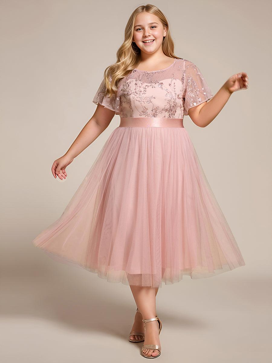 Plus Size Round Neckline Embellished Tulle Midi Bridesmaid Dress #color_Pink