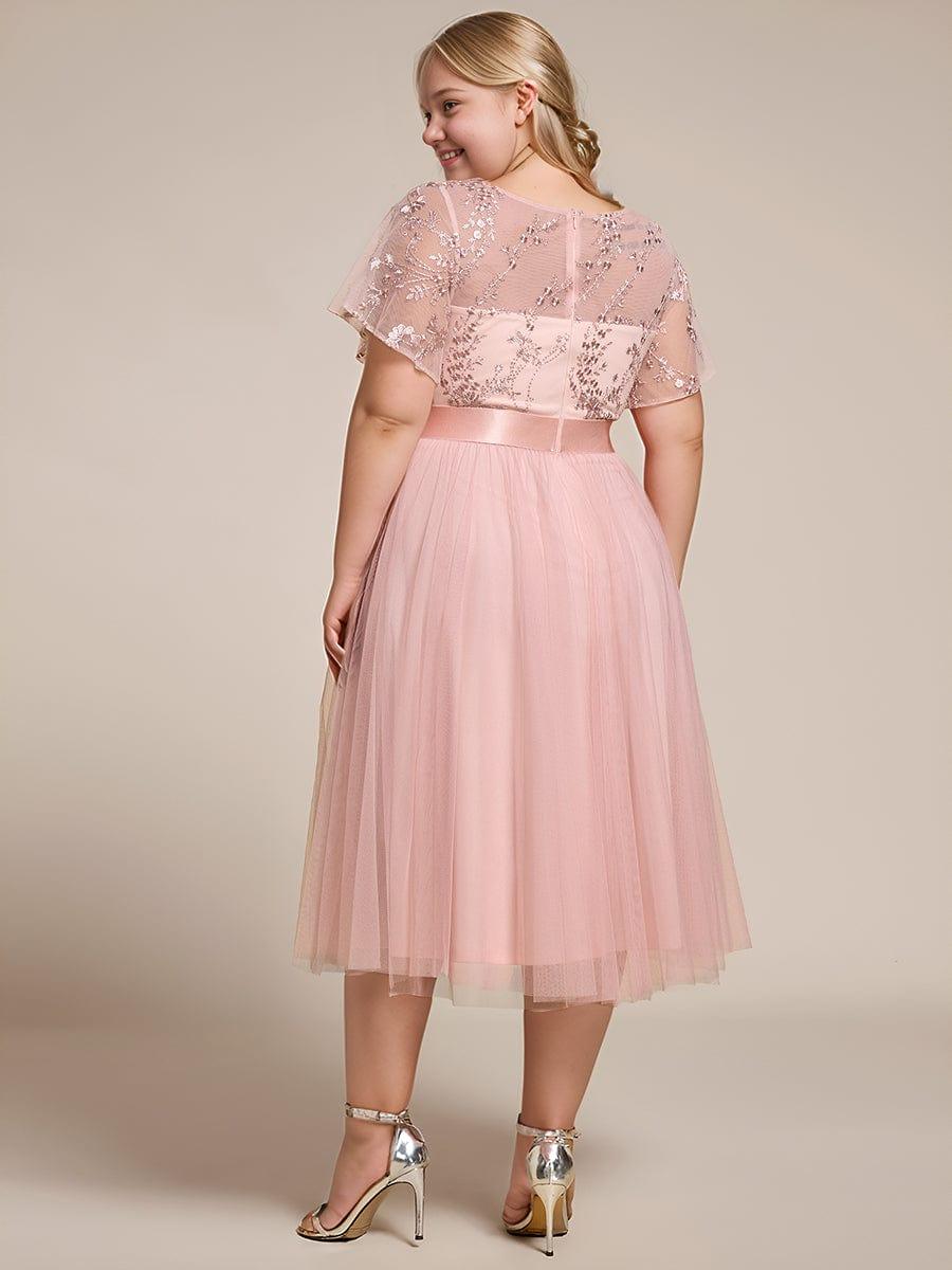 Embellished Tulle Midi Bridesmaid Dress with Sheer Sleeves #color_Pink