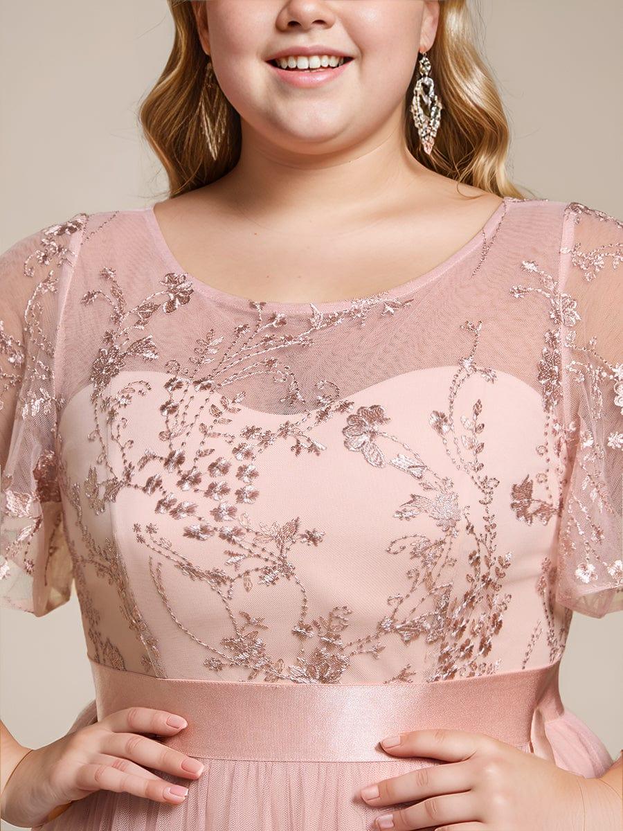 Plus Size Round Neckline Embellished Tulle Midi Bridesmaid Dress #color_Pink