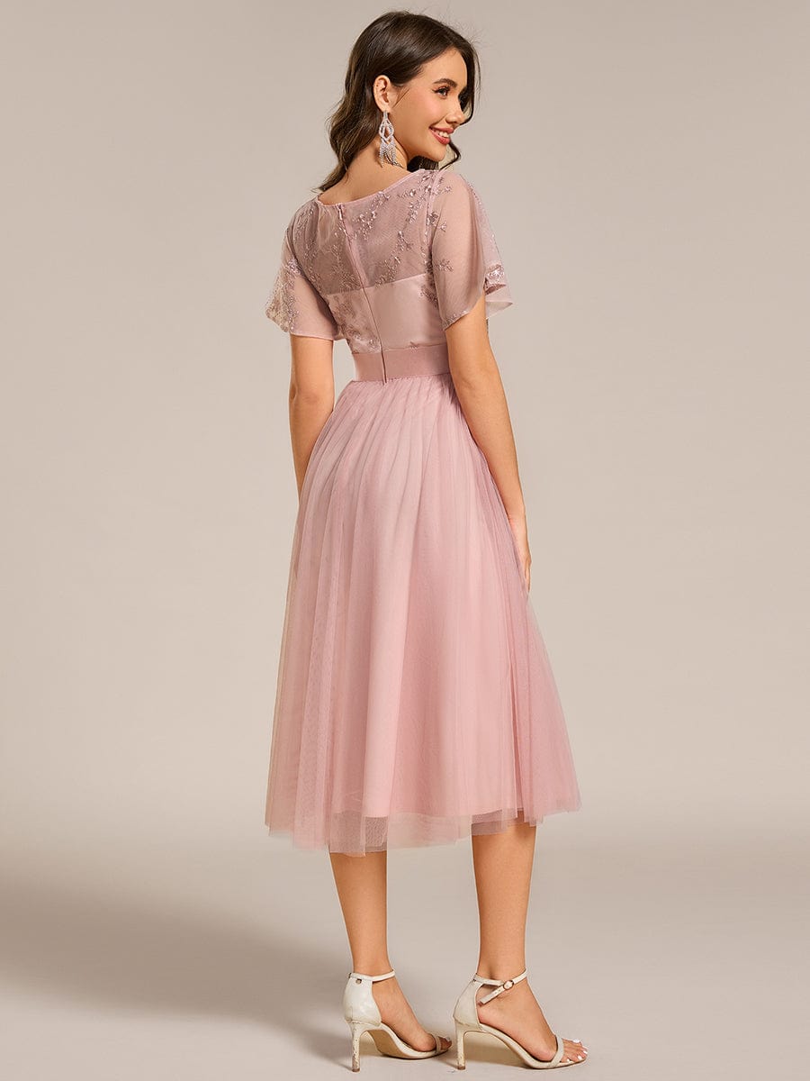 Embellished Tulle Midi Bridesmaid Dress with Sheer Sleeves #color_Pink