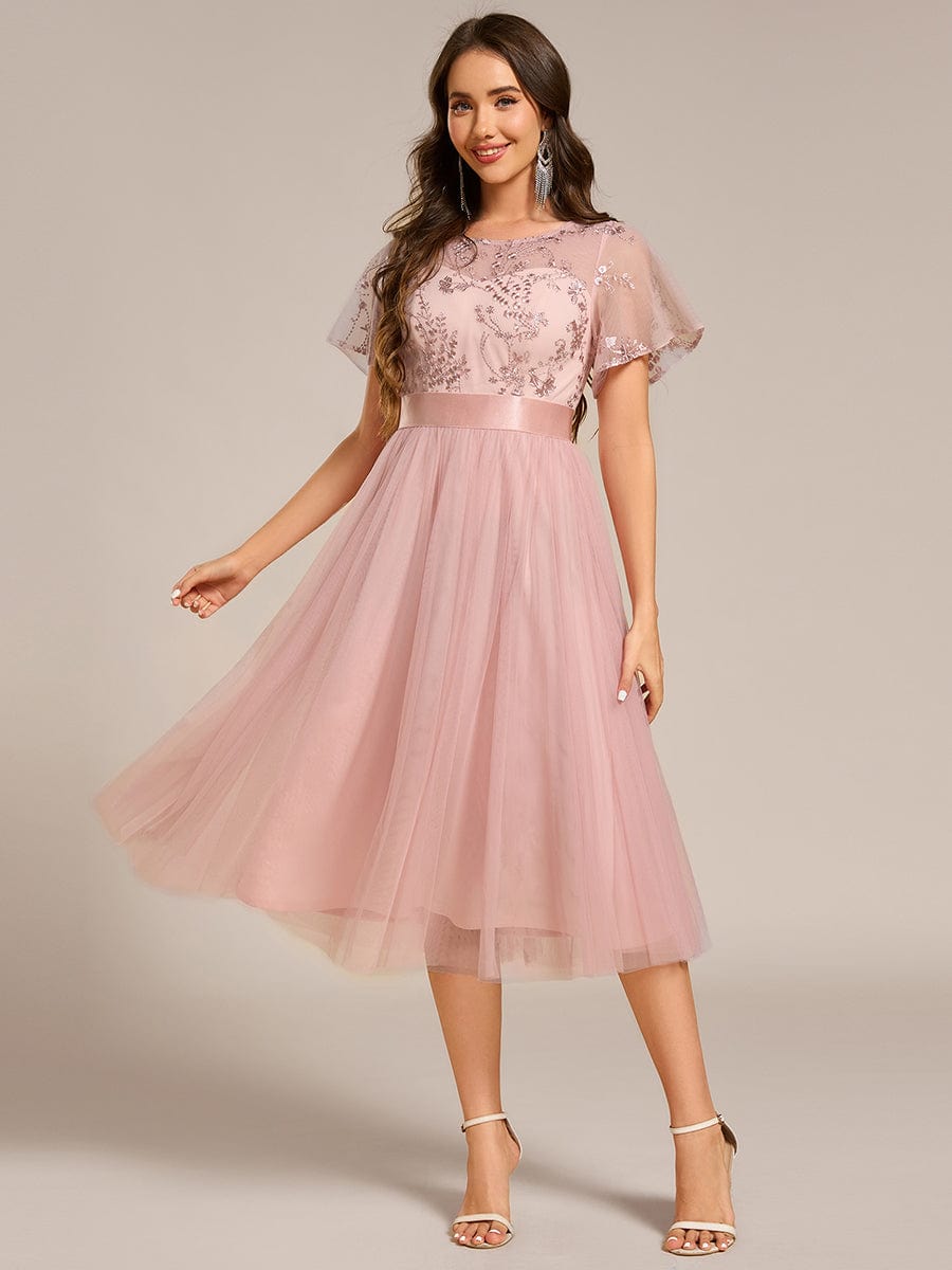 Embellished Tulle Midi Bridesmaid Dress with Sheer Sleeves #color_Pink