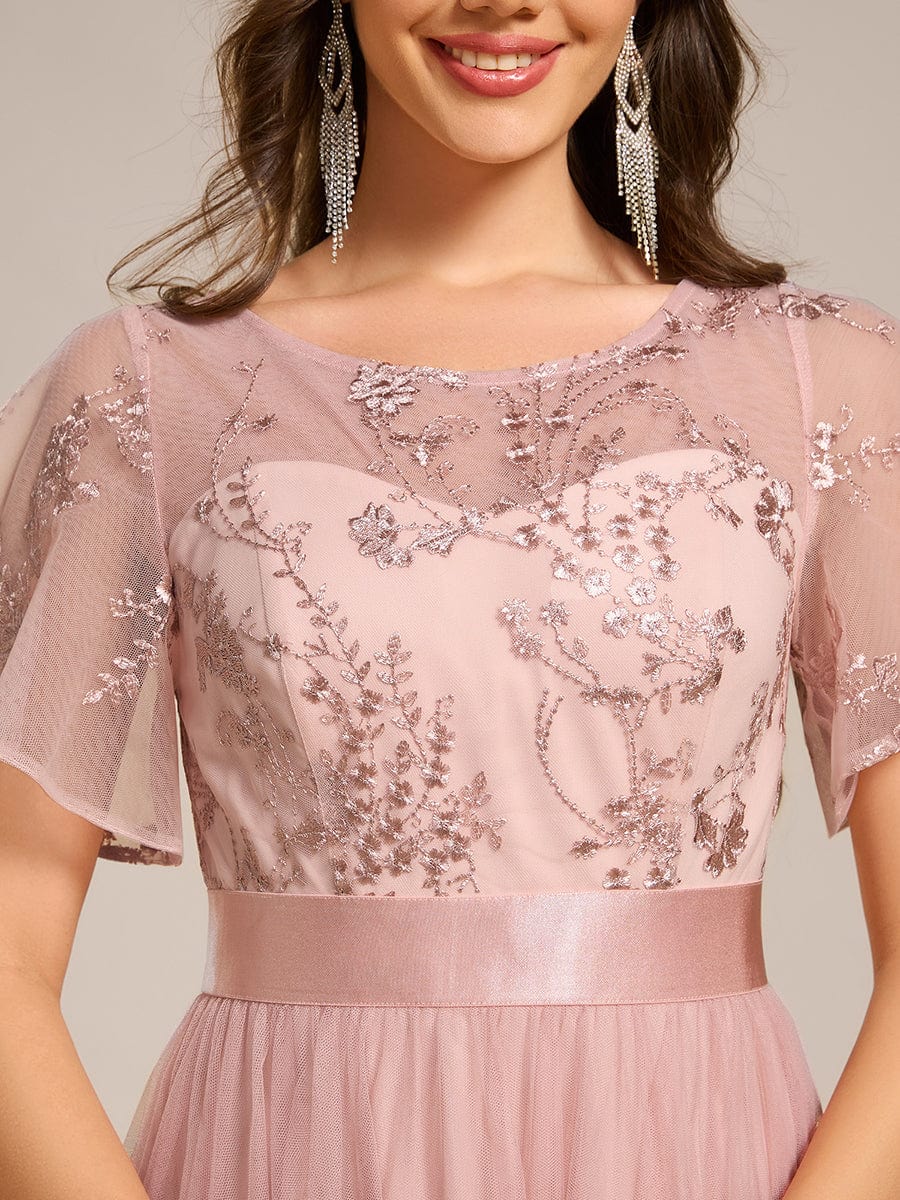 Embellished Tulle Midi Bridesmaid Dress with Sheer Sleeves #color_Pink