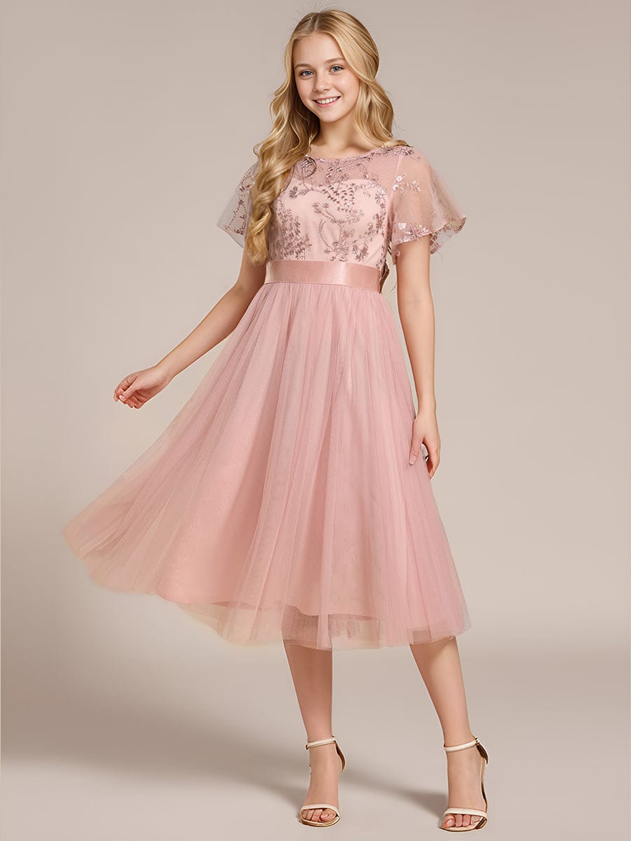 Embellished Tulle Midi Bridesmaid Dress with Sheer Sleeves #color_Pink