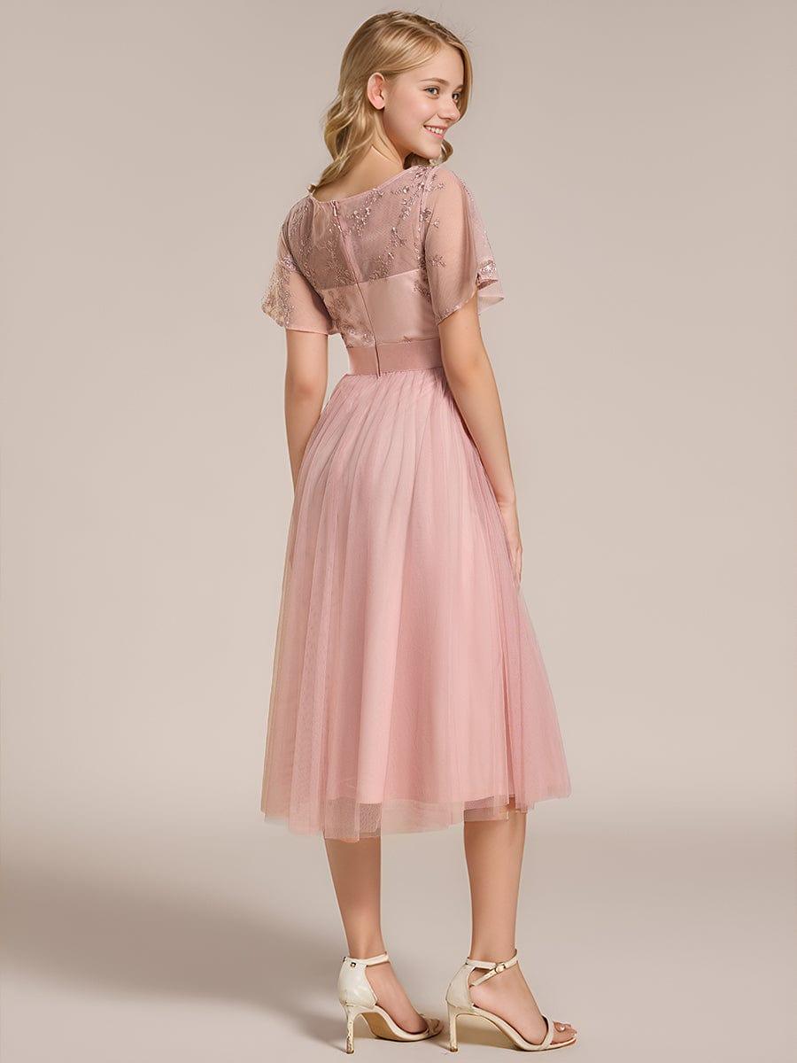 Embellished Tulle Midi Bridesmaid Dress with Sheer Sleeves #color_Pink