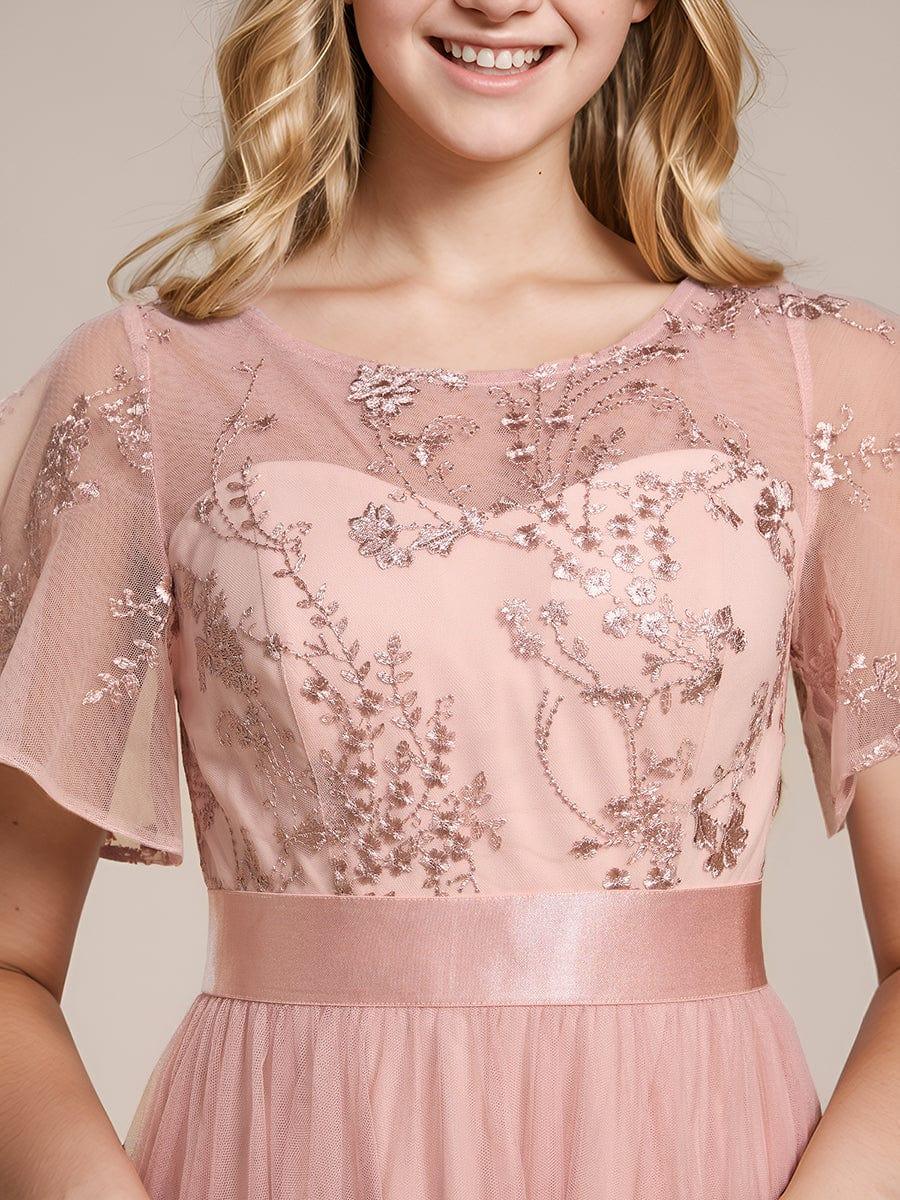 Embellished Tulle Midi Bridesmaid Dress with Sheer Sleeves #color_Pink