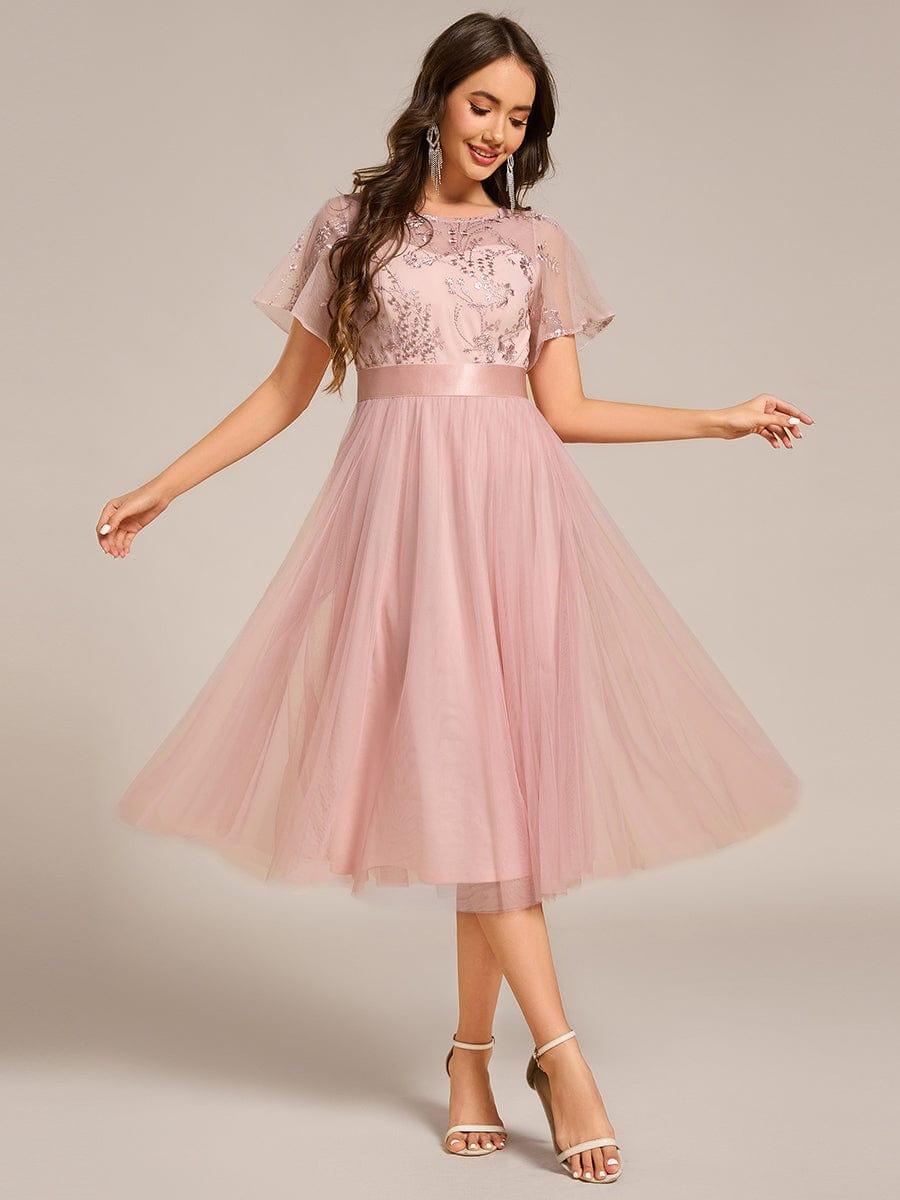 Embellished Tulle Midi Bridesmaid Dress with Sheer Sleeves #color_Pink