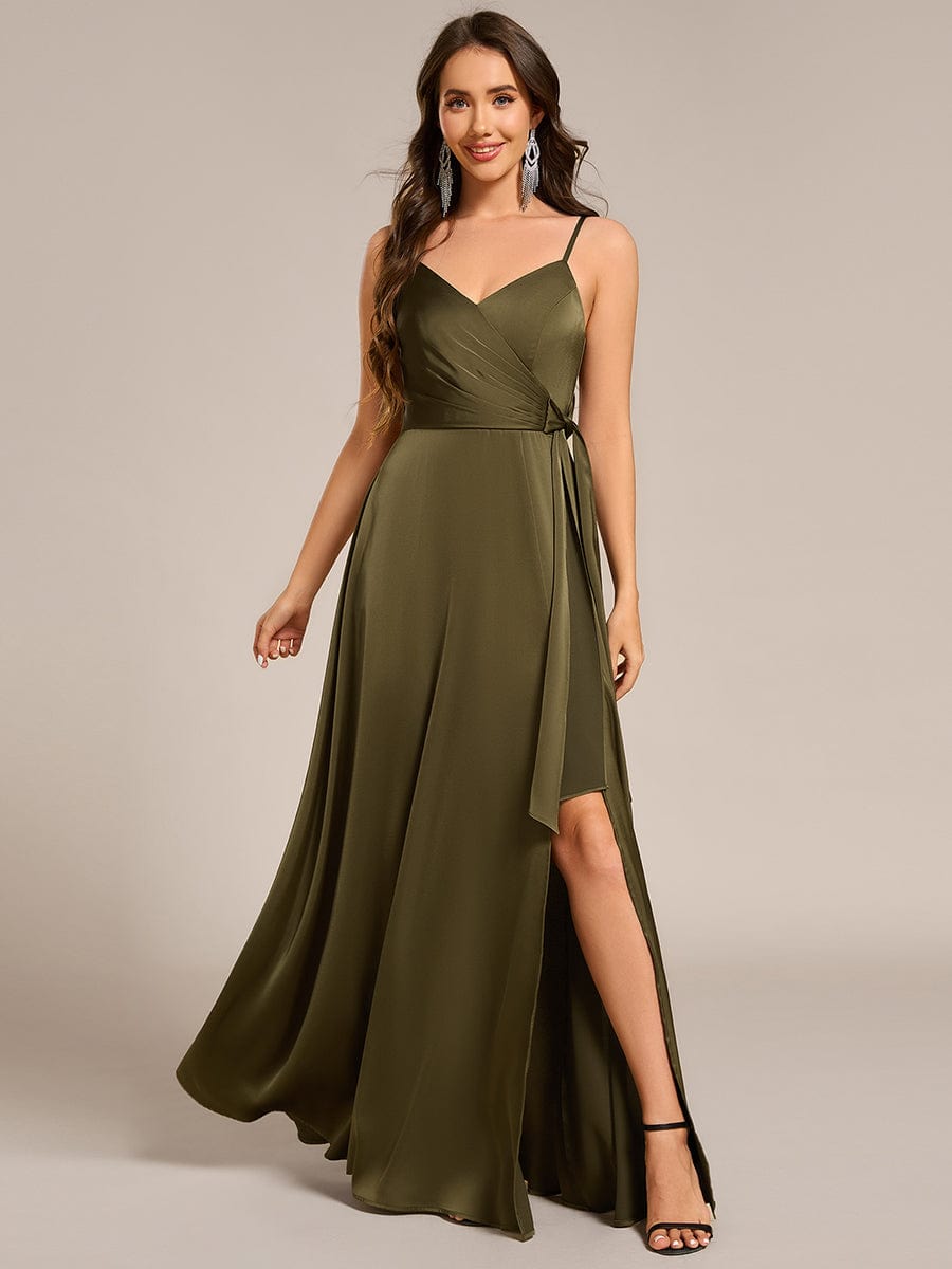 Wrap-Style Spaghetti Strap Maxi Satin Bridesmaid Dress #color_Olive Green