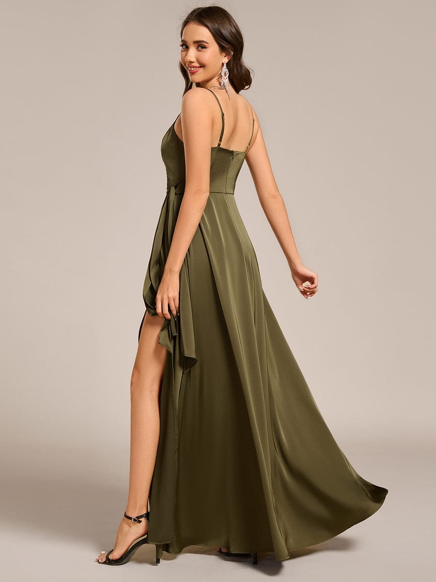 Wrap-Style Spaghetti Strap Maxi Satin Bridesmaid Dress #color_Olive Green