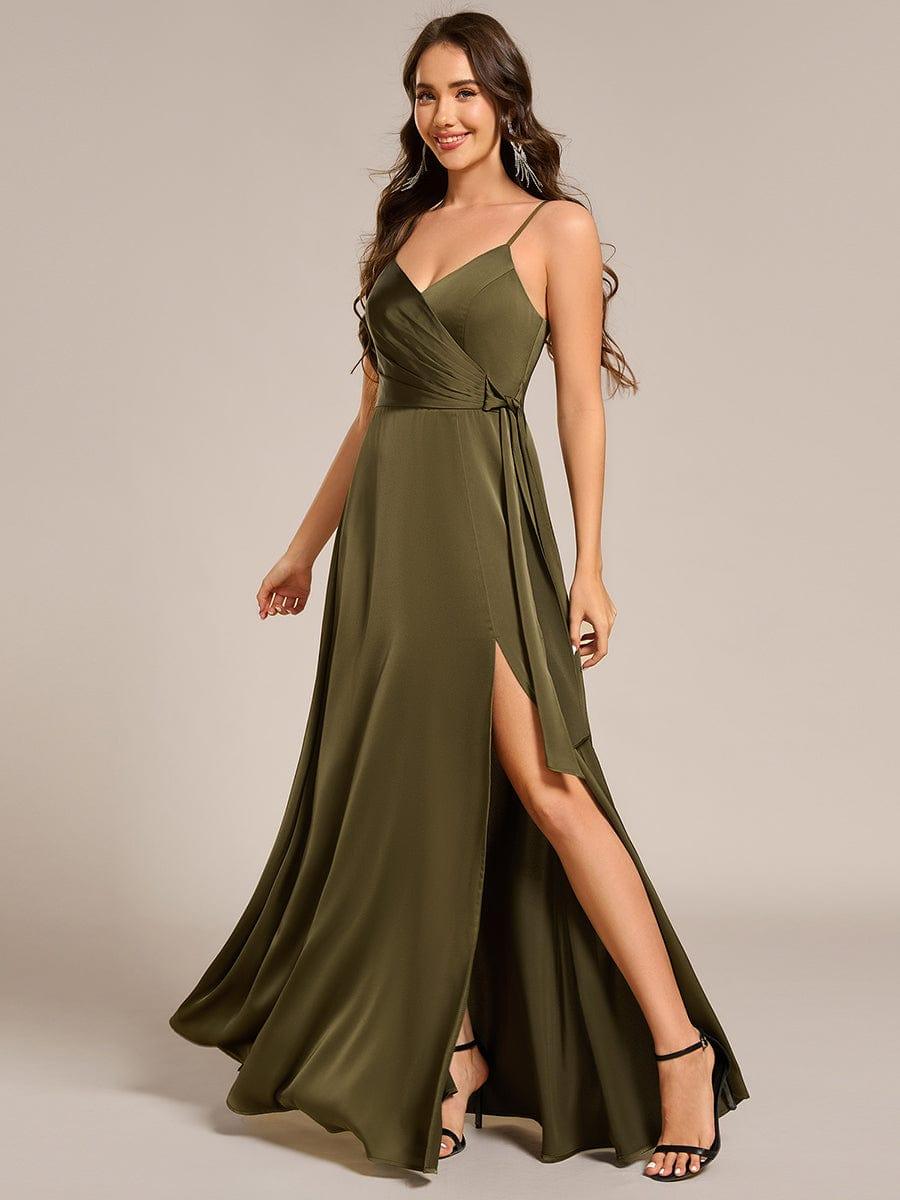 Wrap-Style Spaghetti Strap Maxi Satin Bridesmaid Dress #color_Olive Green