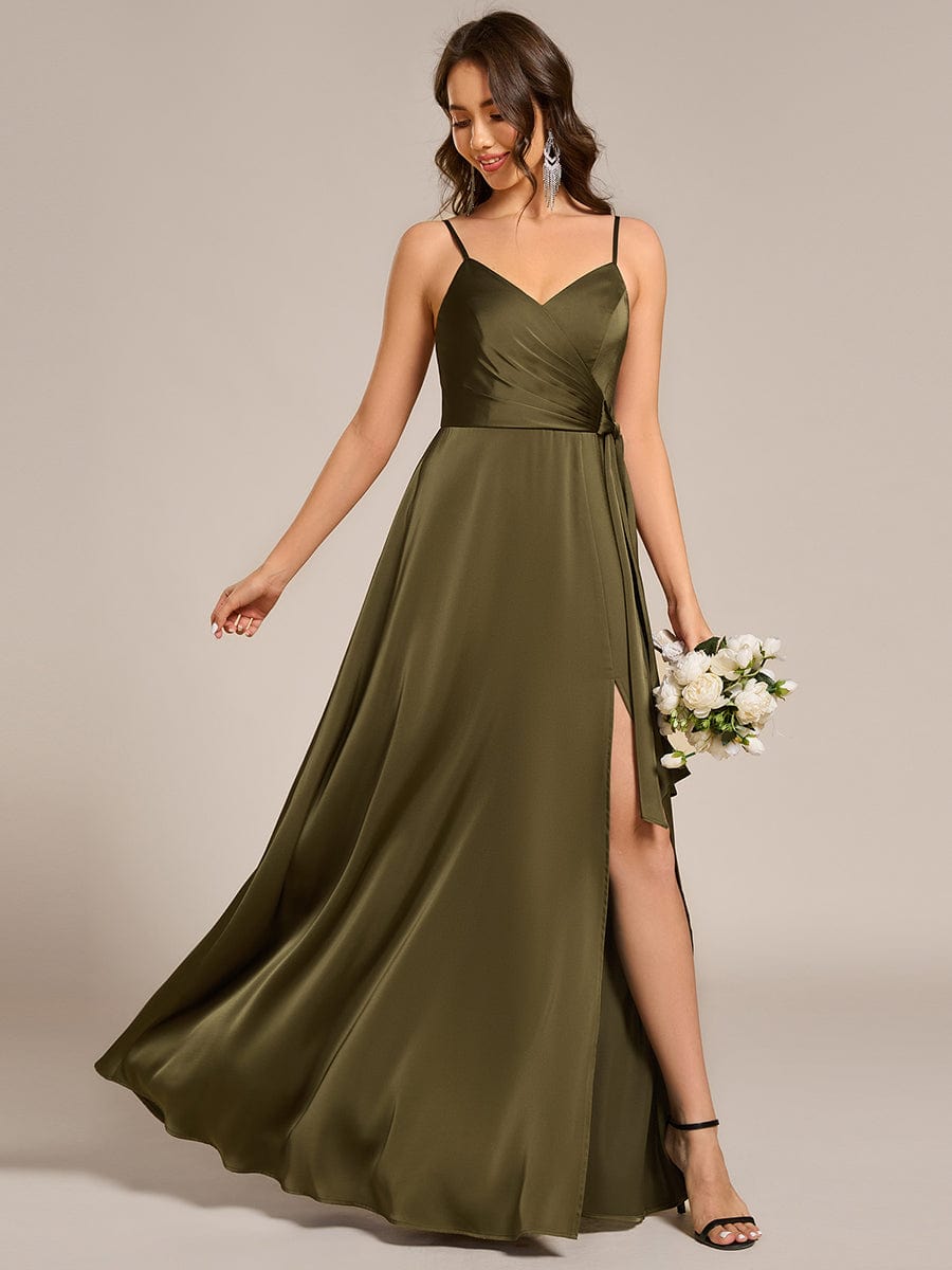 Wrap-Style Spaghetti Strap Maxi Satin Bridesmaid Dress #color_Olive Green