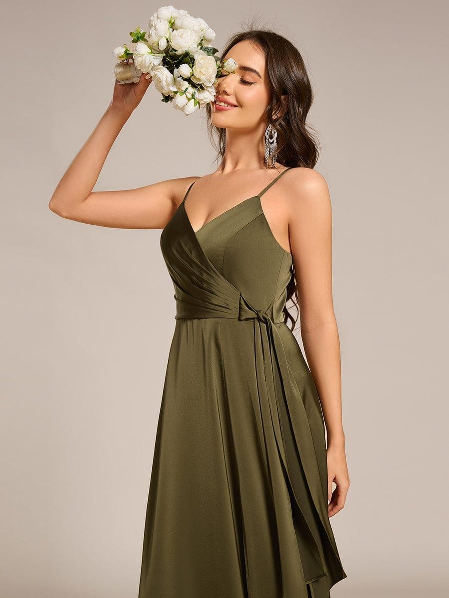 Wrap-Style Spaghetti Strap Maxi Satin Bridesmaid Dress #color_Olive Green