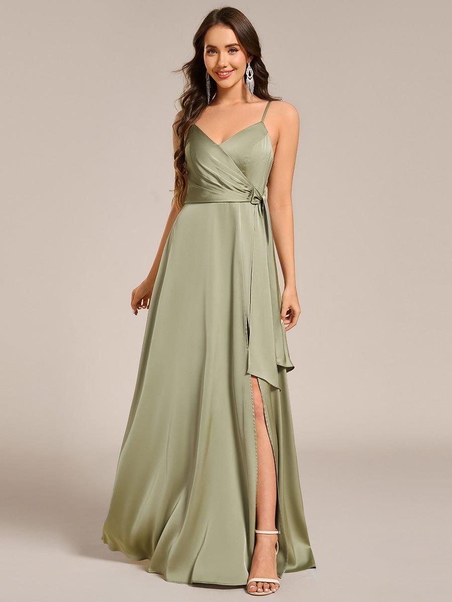 Wrap-Style Spaghetti Strap Maxi Satin Bridesmaid Dress #color_Sage Green