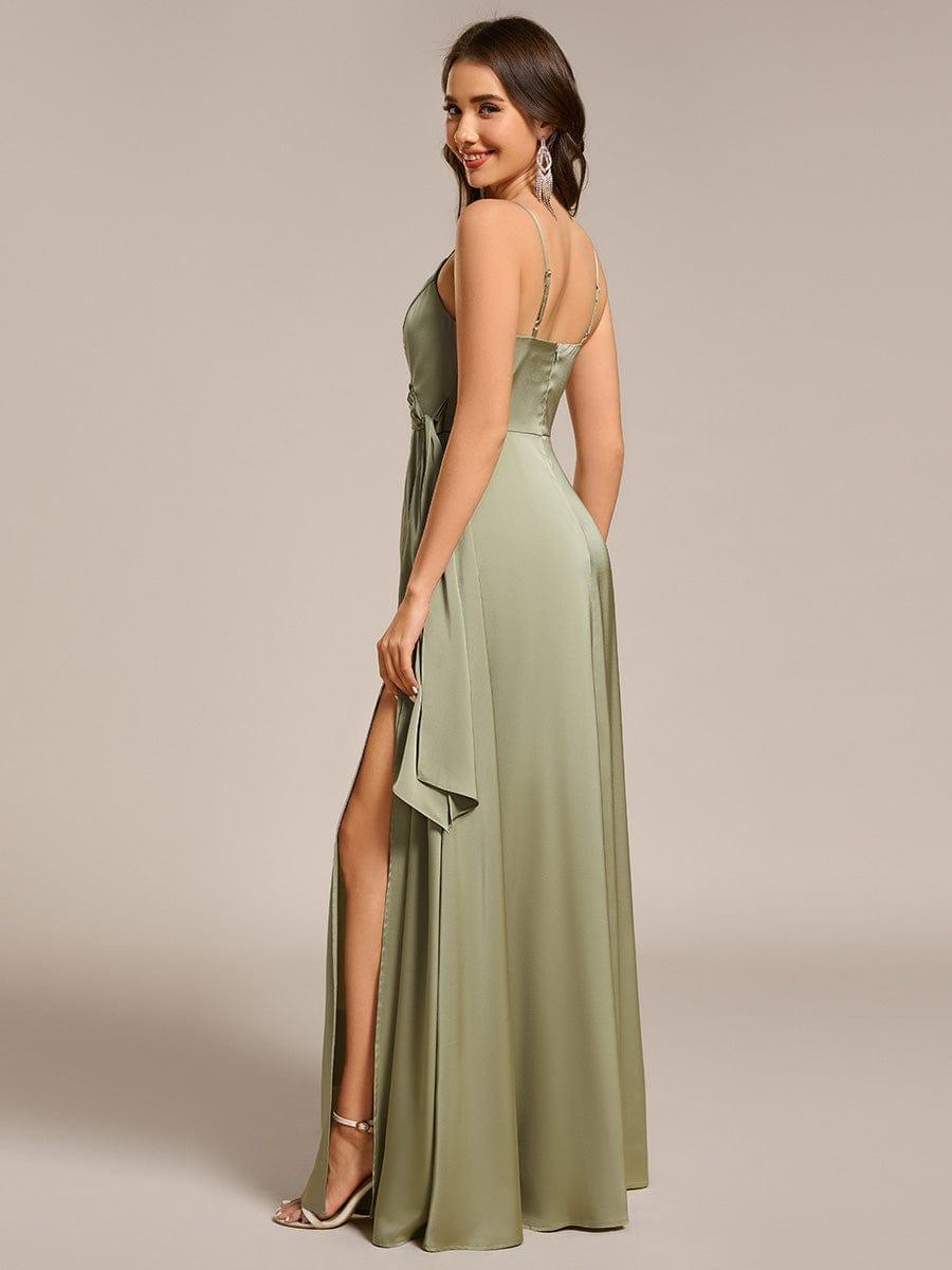 Wrap-Style Spaghetti Strap Maxi Satin Bridesmaid Dress #color_Sage Green