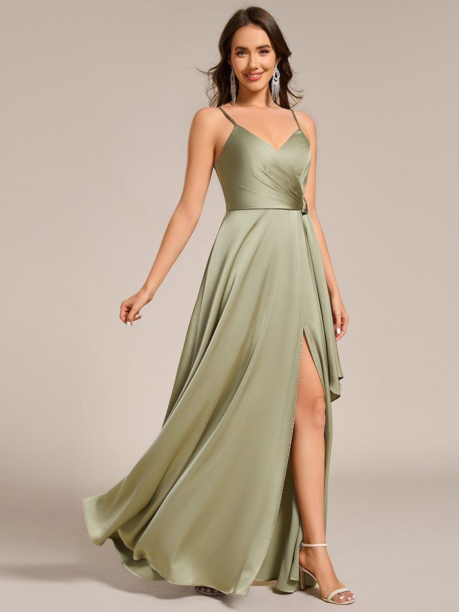 Wrap-Style Spaghetti Strap Maxi Satin Bridesmaid Dress #color_Sage Green