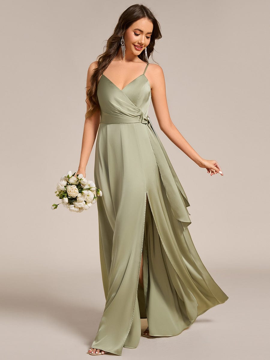 Wrap-Style Spaghetti Strap Maxi Satin Bridesmaid Dress #color_Sage Green