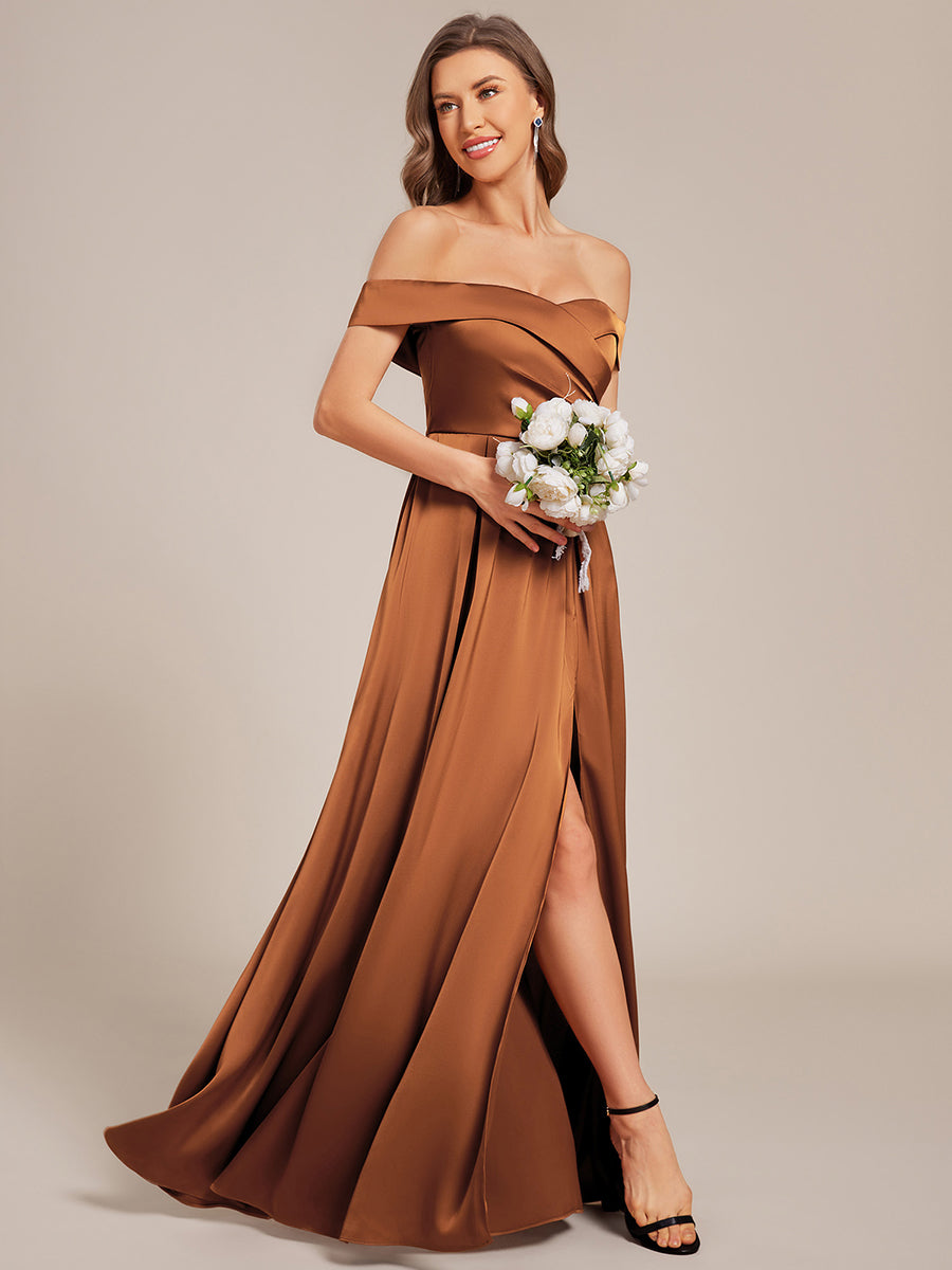 Off Shoulder Lace-Up High Slit Satin Bridesmaid Dress #color_Brown