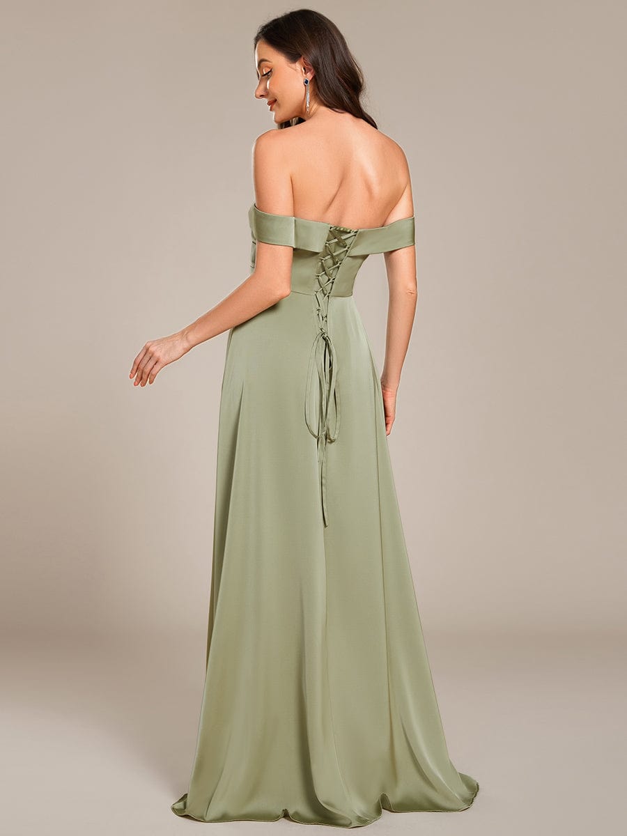 Off Shoulder Lace-Up High Slit Satin Bridesmaid Dress #color_Sage Green