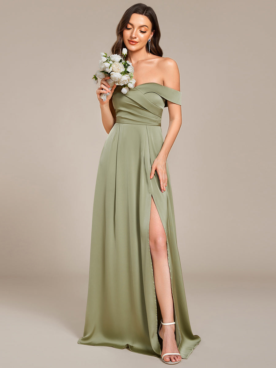 Off Shoulder Lace-Up High Slit Satin Bridesmaid Dress #color_Sage Green