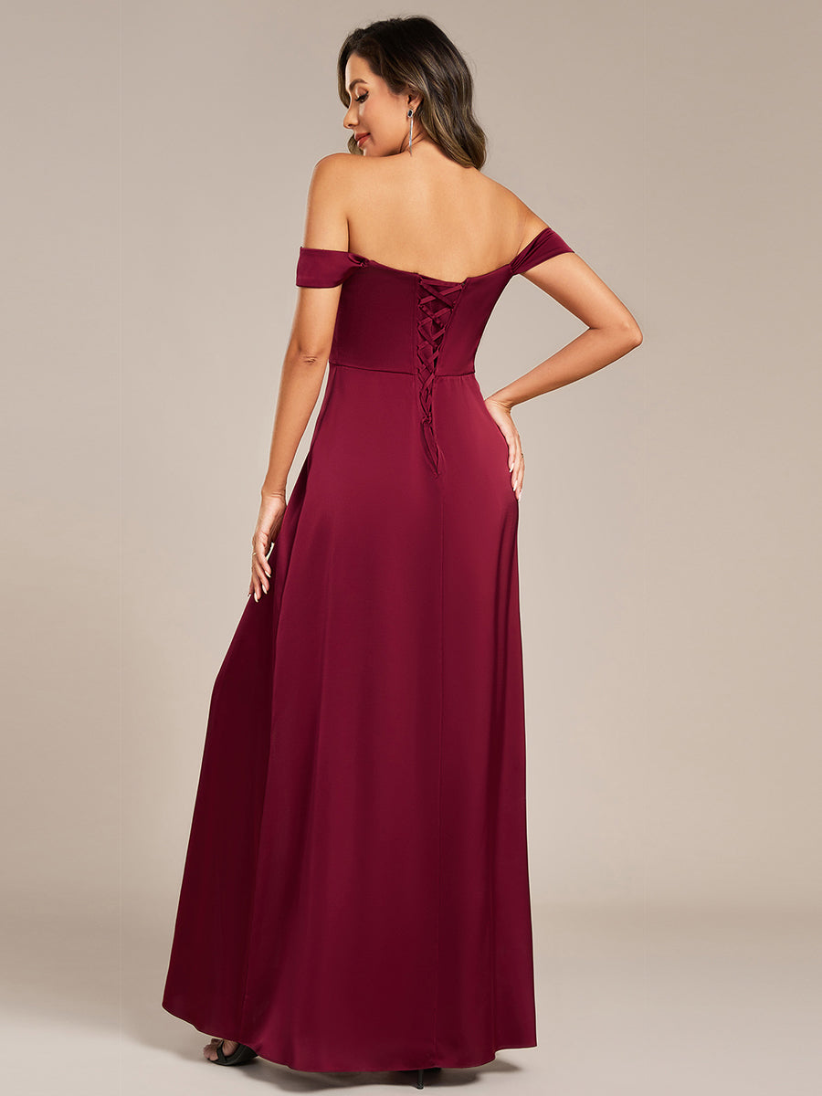 Off Shoulder Short Sleeve Split Bandage Floor-Length Bridesmaid Dresses #color_Burgundy