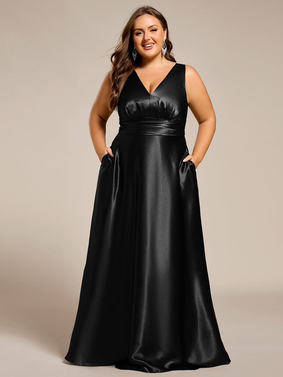 V-neck Empire Waist Satin Maxi Bridesmaid Dress with Pockets #color_Black