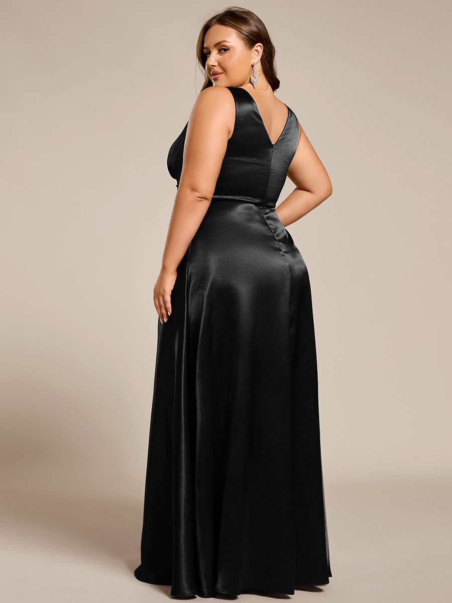 V-neck Empire Waist Satin Maxi Bridesmaid Dress with Pockets #color_Black