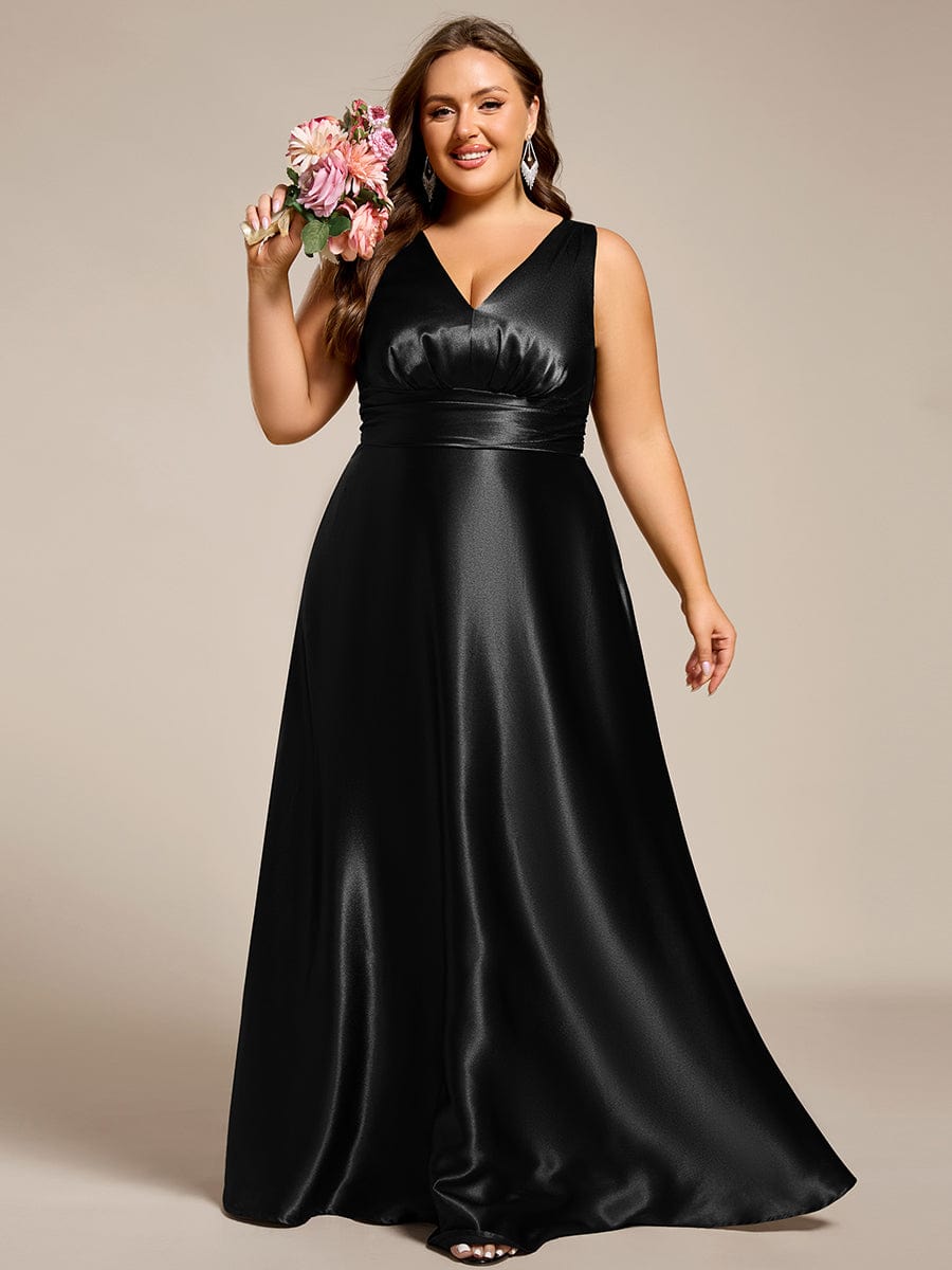 Plus Size Satin Empire Waist Maxi Bridesmaid Dress with Pockets #color_Black