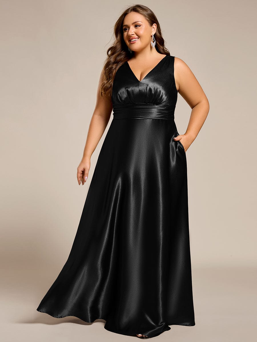 V-neck Empire Waist Satin Maxi Bridesmaid Dress with Pockets #color_Black