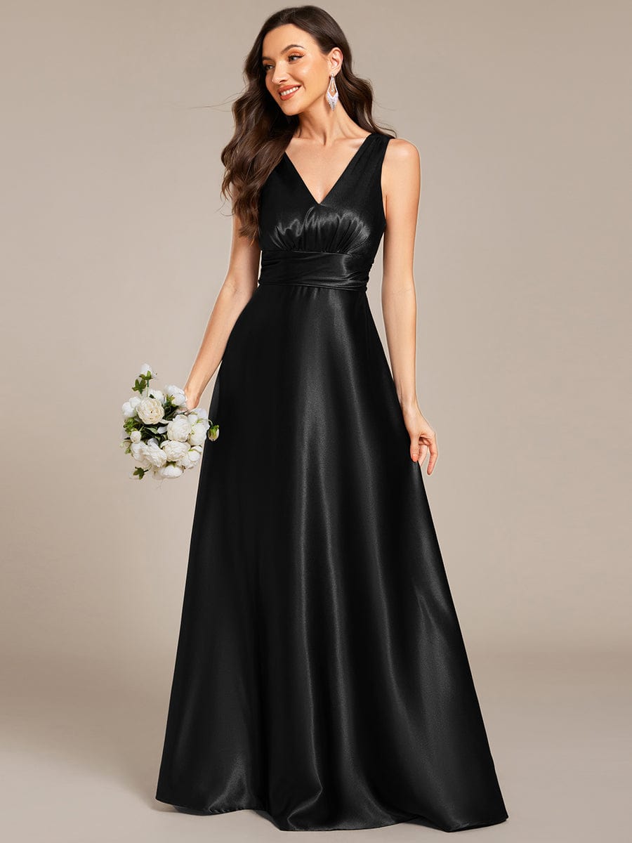 V-neck Empire Waist Satin Maxi Bridesmaid Dress with Pockets #color_Black