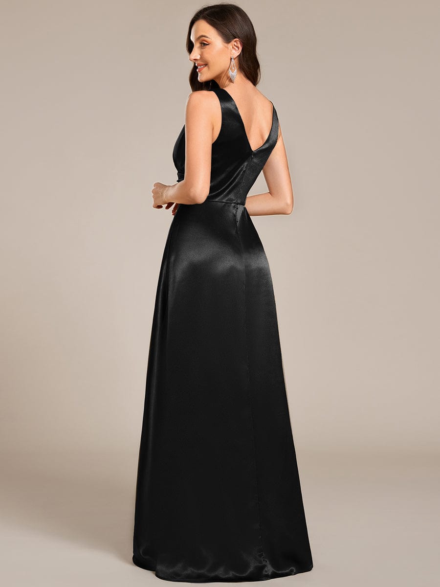 V-neck Empire Waist Satin Maxi Bridesmaid Dress with Pockets #color_Black