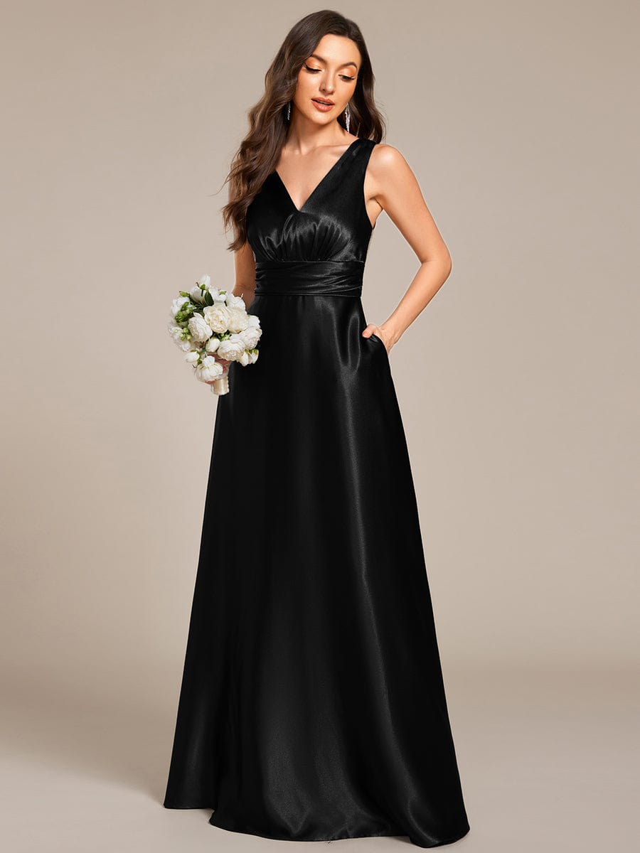 V-neck Empire Waist Satin Maxi Bridesmaid Dress with Pockets #color_Black