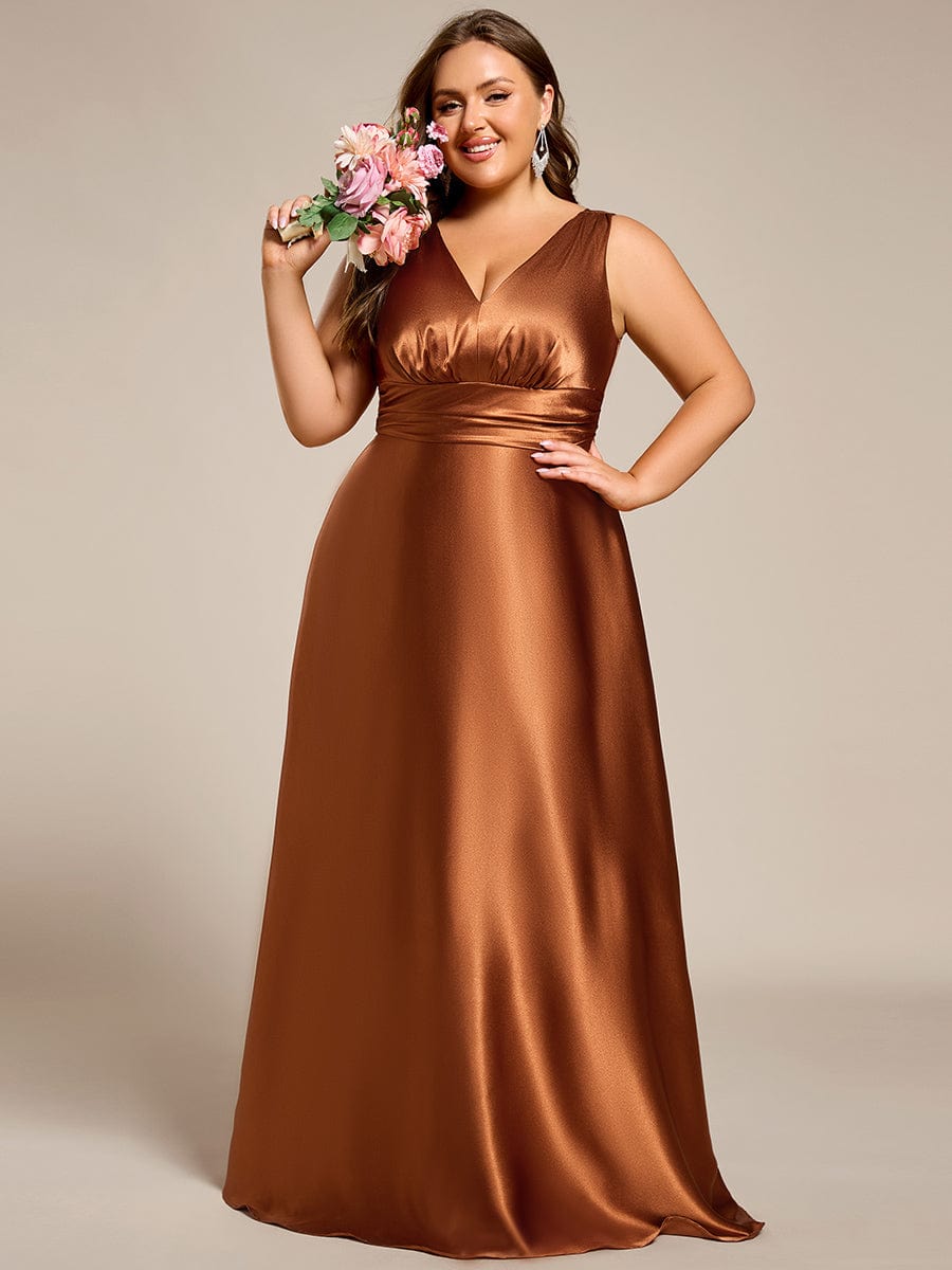 V-neck Empire Waist Satin Maxi Bridesmaid Dress with Pockets #color_Copper