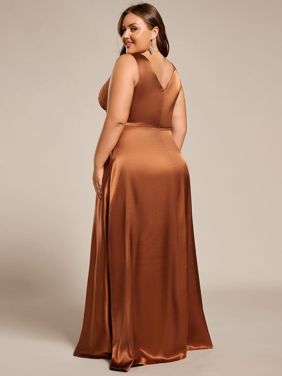 V-neck Empire Waist Satin Maxi Bridesmaid Dress with Pockets #color_Copper