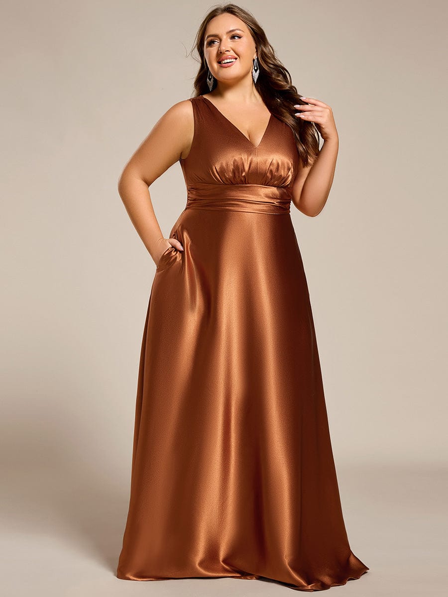 V-neck Empire Waist Satin Maxi Bridesmaid Dress with Pockets #color_Copper