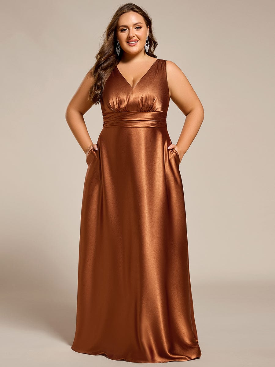 V-neck Empire Waist Satin Maxi Bridesmaid Dress with Pockets #color_Copper